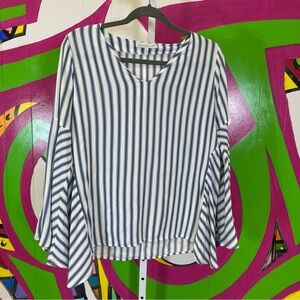 keren hart, Blue and white Striped Shirt, big ruffle sleeves. Size Medium.